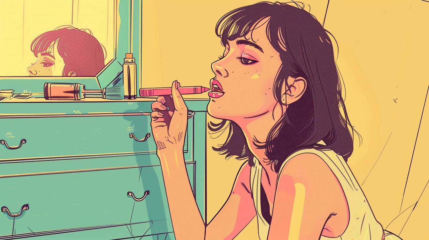 Girl applying lipstick, girl sitting in front of dresser, lipstick color pink, pop illustration, background all pale yellow