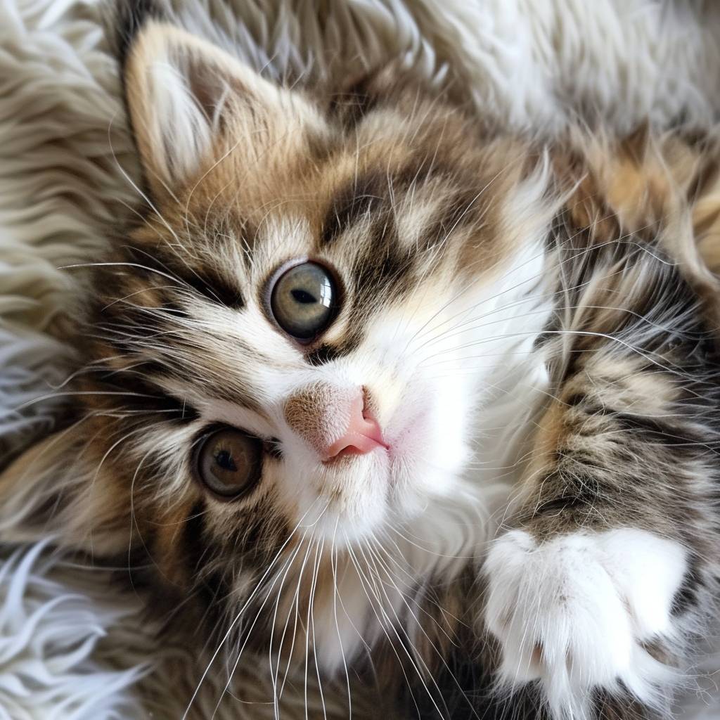 Macro photograph of adorably cute Mainecoon kitten with fluffy cheeks, big round eyes, soft patchy fur, tiny pink nose, white mittens, playful bushy tail, expressive tufted ears