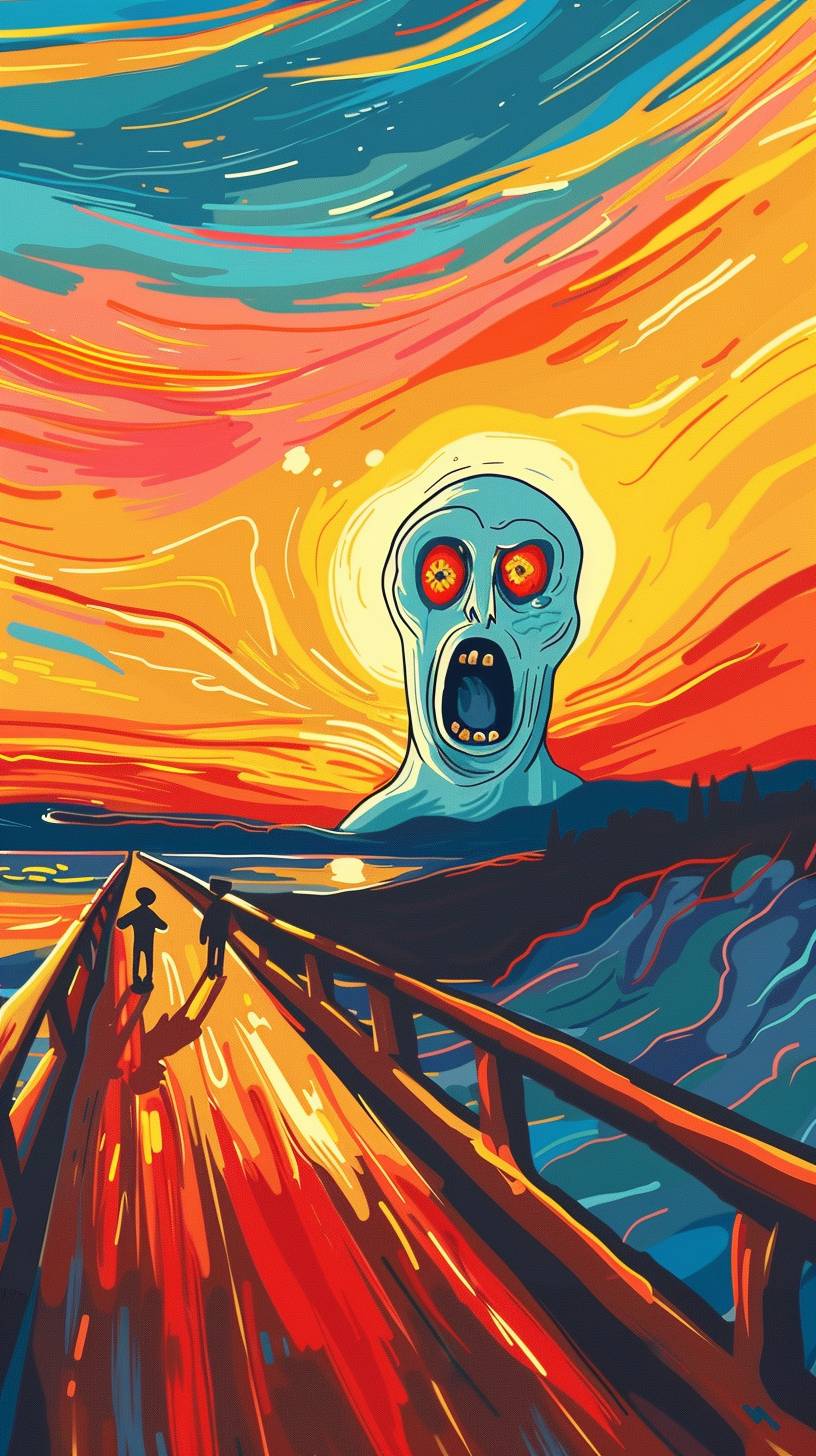 エドヴァルド・ムンクのスタイルで描かれた『叫び』の絵ですが、顔の代わりにアニメキャラクターの頭があります。前には水上にかかる木橋と人々が歩いています。夕焼け時です。明るい黄色の空、青い海、オレンジ色の夕陽。宮崎駿のスタイルで描かれています。