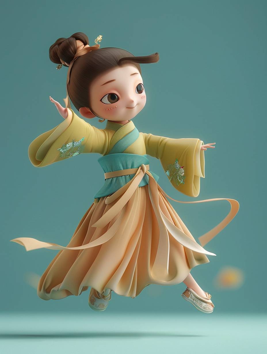 3D rendering, C4d, cartoon Q-version, a three-year-old girl wearing Tang Dynasty summer clothes, tied in a bun, wearing small embroidered shoes, dancing in mid-air. Dunhuang style, with a blue-green and light brown background. Chinese style, various cute expressions and movements, super exquisite.