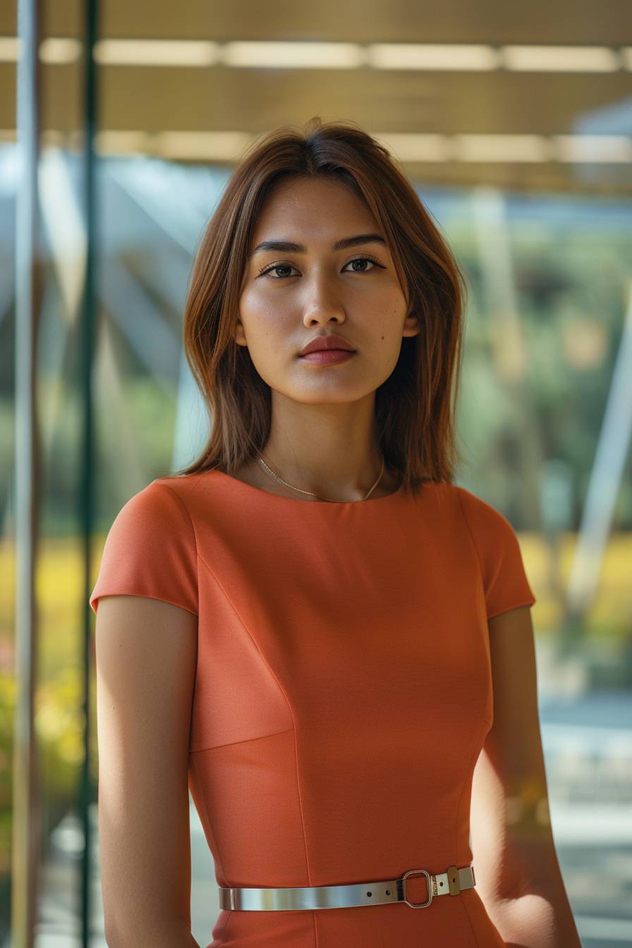 A full body image of an elegant 21-year-old Indonesian woman looking at the camera, wearing a solid color sheath dress with a thin belt and a thin necklace, exuding energetic vibes. The location is Apple Park, and she works as a financial analyst, with detailed facial features that are indistinguishable from reality. The shot has a cinematic style, excluding children, males, and pregnancy, with an aspect ratio of 2:3, a raw style, and version 6.0.