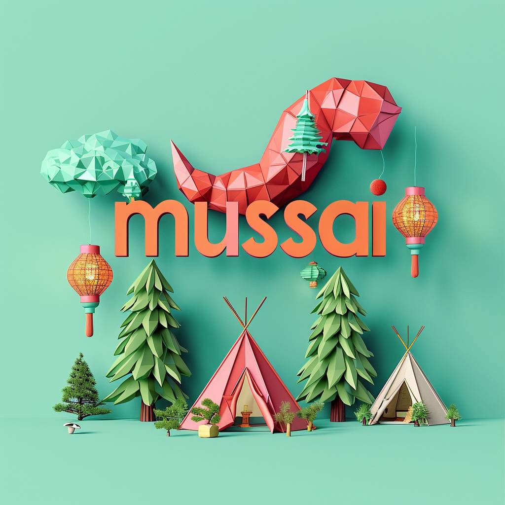 テント、ランタン、松の木で作られた「musesai」という3Dテキストは、ライトグリーンの背景に、鮮やかな色彩で、単純な形状に、カートゥーンのスタイルで表現され、平面デザインで、デジタルアートとして、明るいカラースキームで描かれています