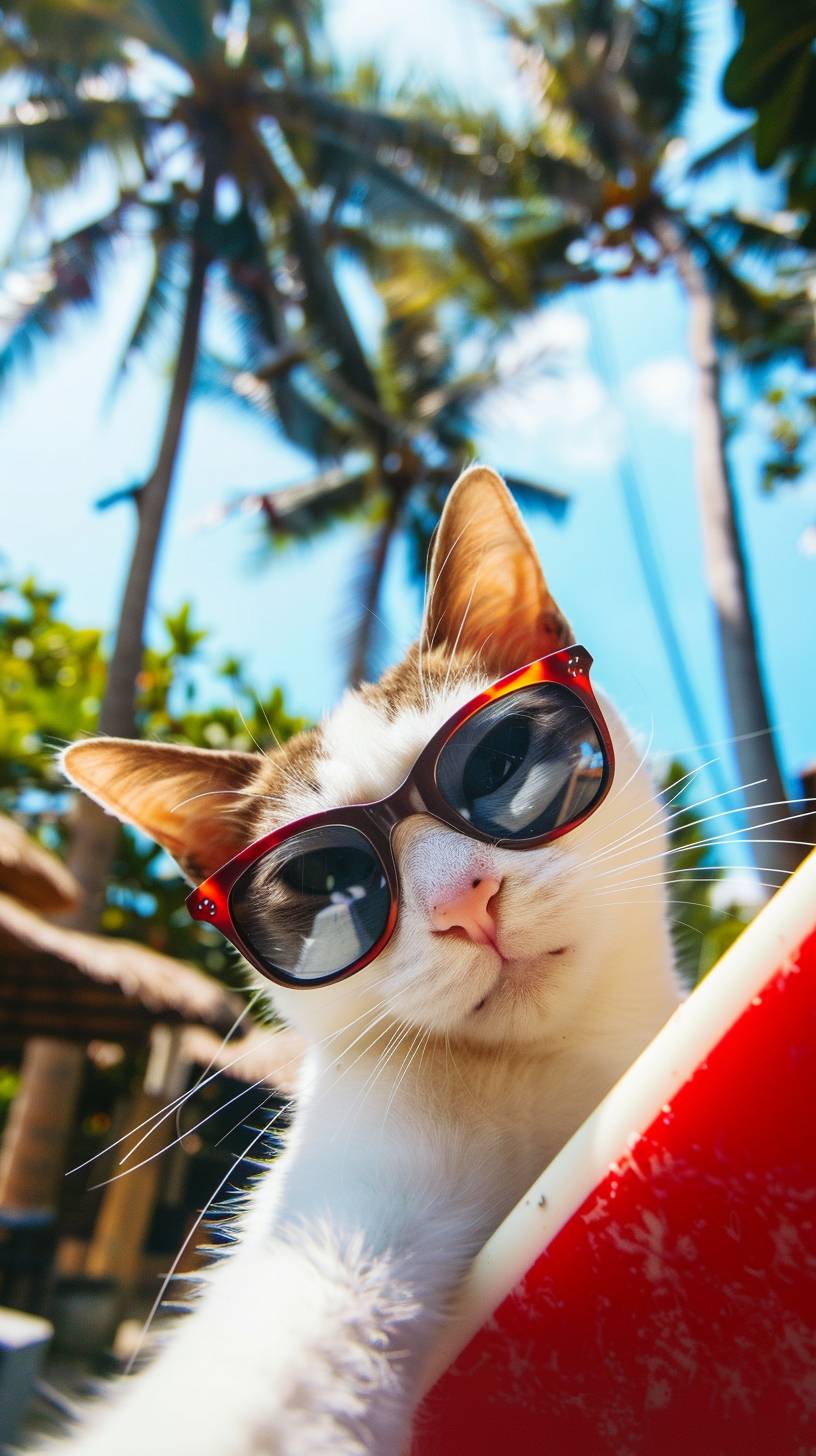 A cute cat, captured cinematically, takes selfies while traveling in Bali, wearing stylish sunglasses, in the midday sun, surfing on a board under the bright sun in vibrant Bali. --ar 9:16 --stylize 0 --v 6.0