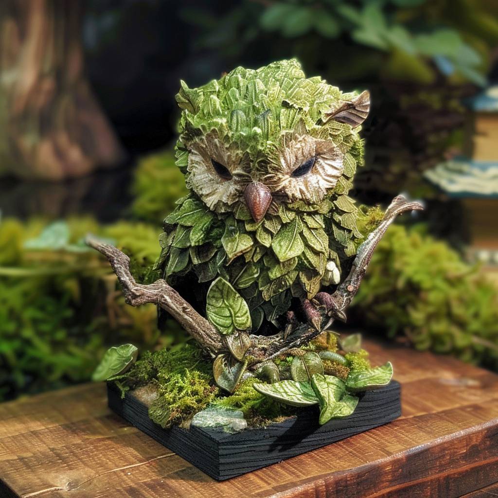 A D&D owlbear creature statue, mossy, cute, wooden, tiny