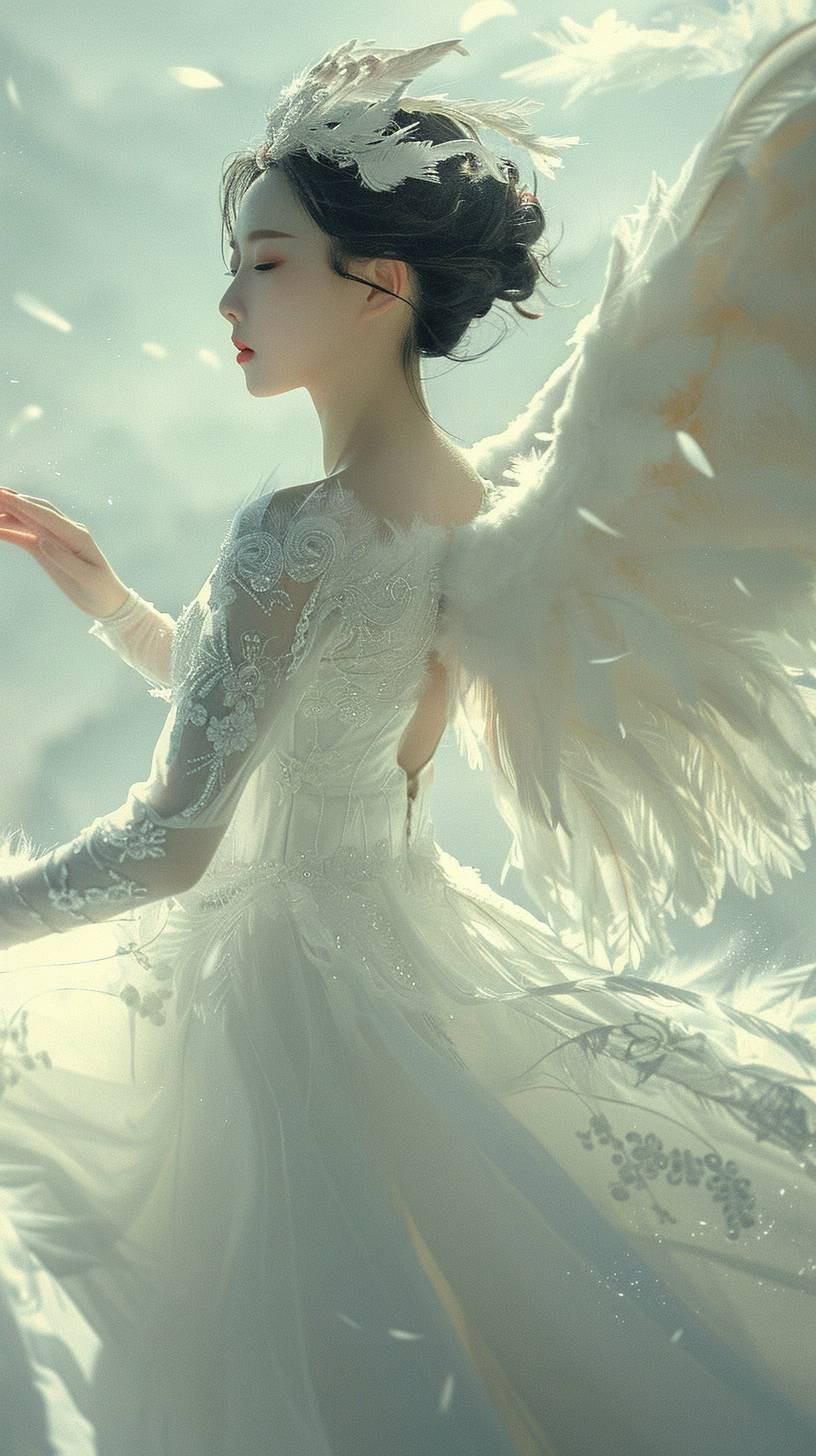 Realism Brutalism Minimalism A Chinese woman in a white wedding dress with a pair of feathered wings outstretched behind her back, fluffy flapping wings, styled as luminous and dreamy scene