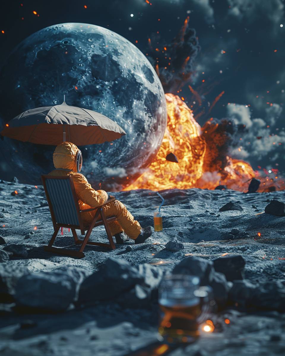 Man in hazmat suit sitting on a beach chair on the surface of a black and blue moon, with a beach umbrella and beer, looking at an exploding Earth, 3D render, cinestill
