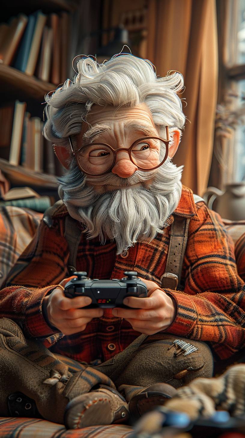 Cartoon grandpa sitting on the sofa playing games, holding gamepad, IP, model, cartoon, C4D, full body photo