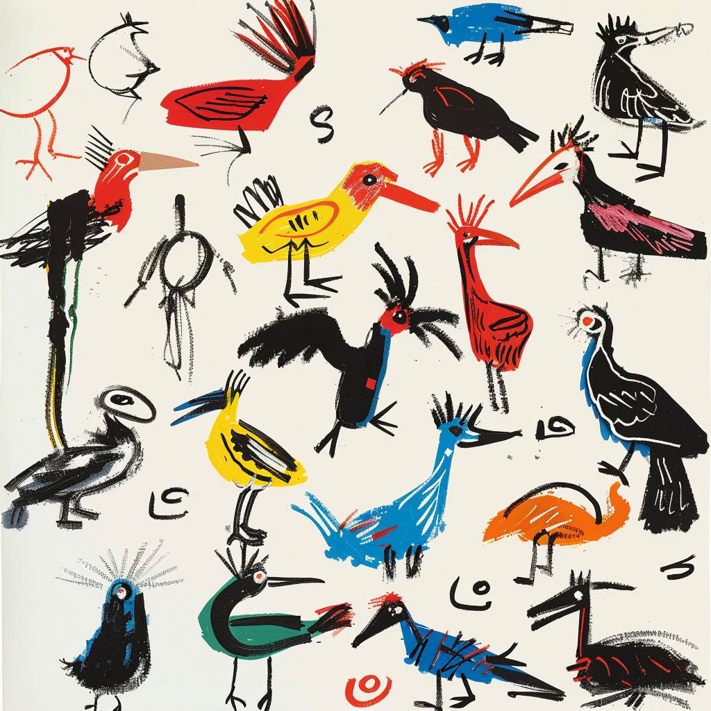 Jean-Michel Basquiat's design for a sticker set depicting various types of birds. Evenly distributed composition, clean white background.