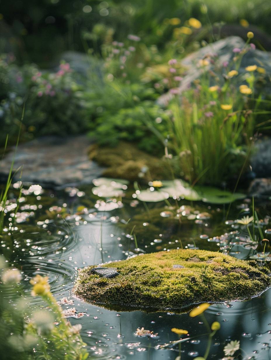 In an outdoor photography setting, there is a shallow mossy rock in a pond with ripples, surrounded by herbal plants and flowers. Sunlight streams down onto the scene. The herbs include thyme, milk thistle, sage, echinacea, elderberry, cramp bark, valerian, and lemon. The depth of field can be adjusted. There is a mossy flat rock spot in the center.