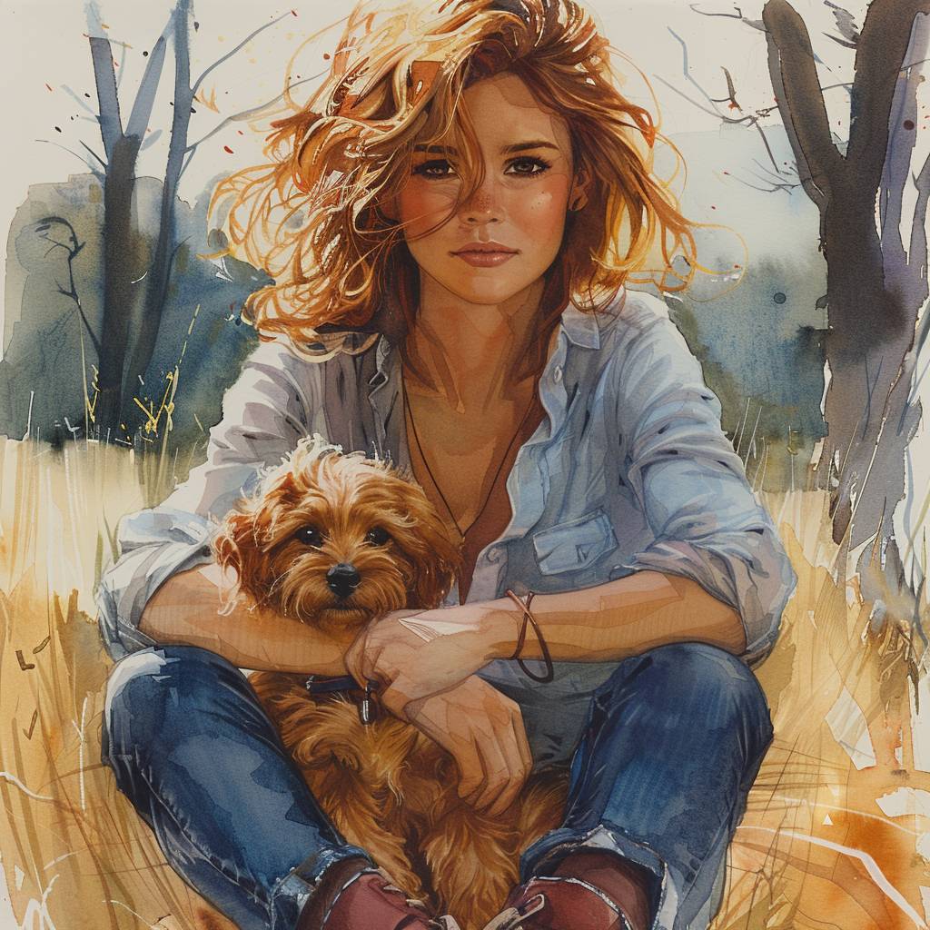 A soft watercolor and charcoal sketch illustration of a girl with curly and frizzy red messy hair, holding her puppy. She is sitting down comfortably, wearing a blouse, blue jeans, and boots. The background includes trees, grass, and a natural outdoor scene. Make the scene more colorful, with vibrant hues and rich details, while maintaining the textured, gritty feel.