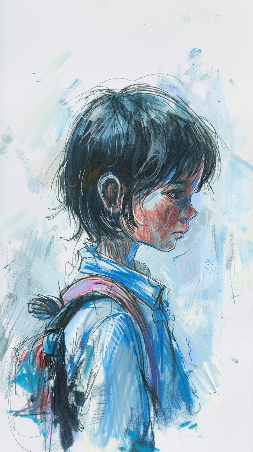 A drawing of a child, in the style of pastel markers, quirky character design, pastel oil, subtle tones, cutecore, blue