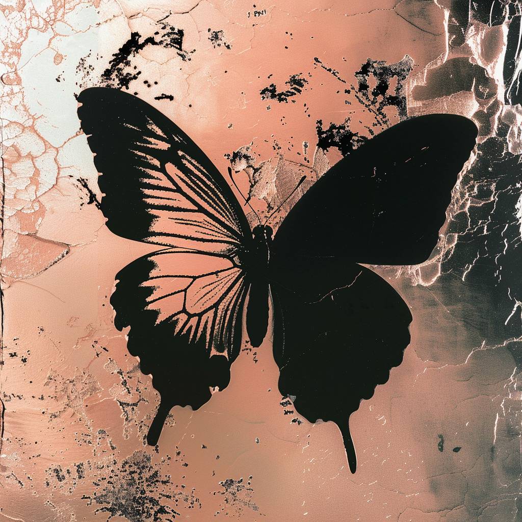 A rose gold and silver psychedelic background with a black silhouette of a butterfly, in the style of polaroid photography, bulb photography, flash