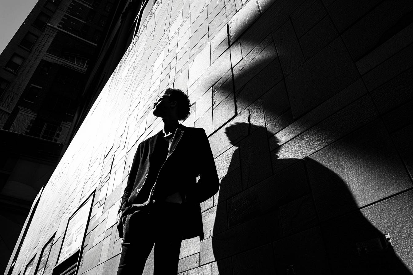 A black and white photograph of [SUBJECT], in the style of street photography, with light projections casting bold shadows. The contrast between his /her dark attire and the stark background creates a striking visual impact. His / her pose is dynamic yet confident, embodying strength amid simplicity, buildings, wide angle --ar 3:2  --v 6.0.