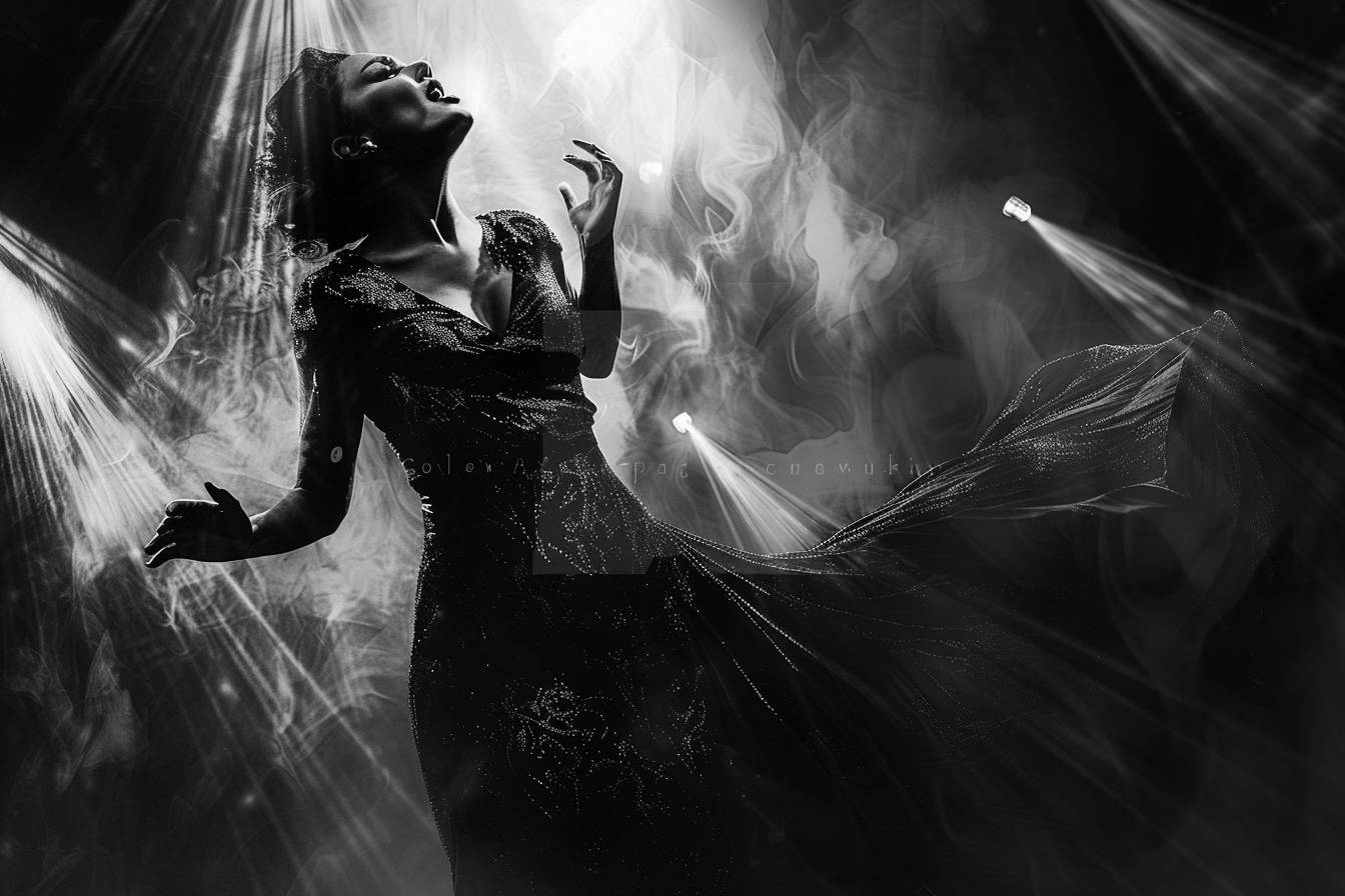 A black and white photorealistic opera singer hitting a high note, comic book art with pencil outlines, chiaroscuro portraitures, 2D game illustrations, hyperrealism, high contrast, wide shot, full body, deep focus, monochrome, digital painting, cinematic lighting, octane render --ar 3:2 --v 6.0