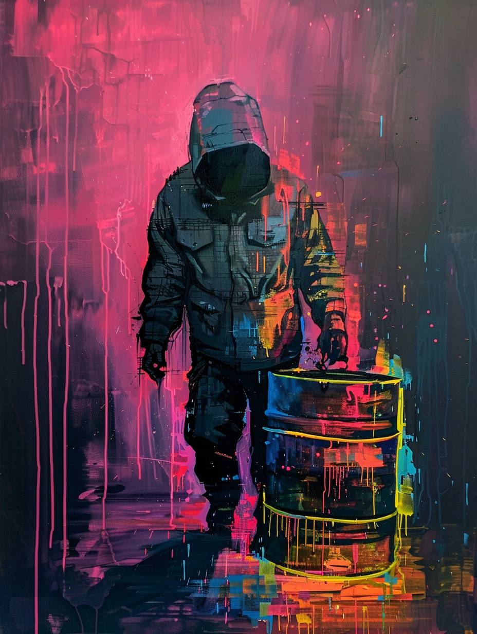 Painting of ghost construction worker pushing a barrel of neon bricks, Miniature scale