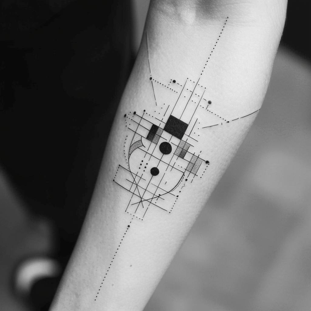 Minimal tattoo design, symmetrical, line, dots, square, black, white background