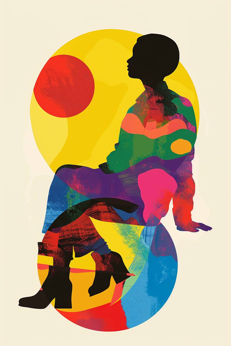 A 10 year old boy wearing high heel pumps, using simple shapes with a woodblock technique and a vibrant colour palette of red, yellow, blue, green, purple and orange in the style of midcentury modernist graphic design poster art in the style of Peter Max and Victor Moscoso.