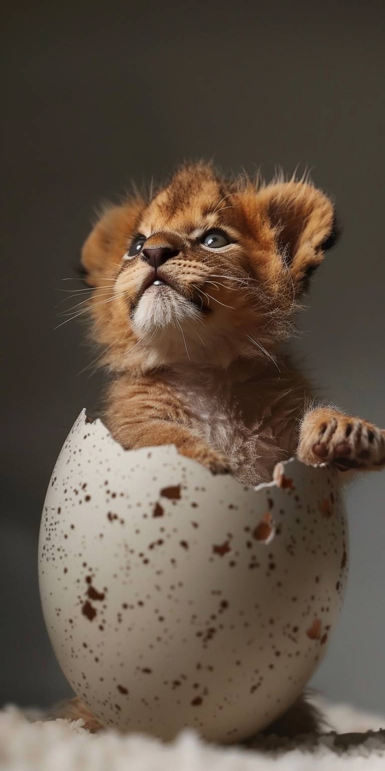 A small tiny lion is hatching from inside the egg. White background, 32KUHD --ar 1:2 --style raw --stylize 250  --v 6.0
