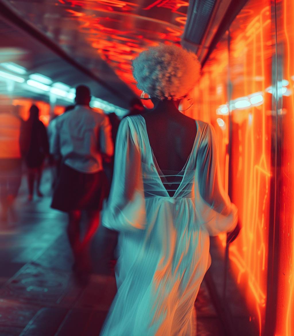 Photograph of a black woman with white hair, running seen from behind, wearing a blue and white dress, moving through a subway station filled with people, lit by red and orange neon lights, with motion blur creating an 80s atmosphere, retro vintage look with grainy film effect, captured with a wide angle using a Fujifilm X100F camera.