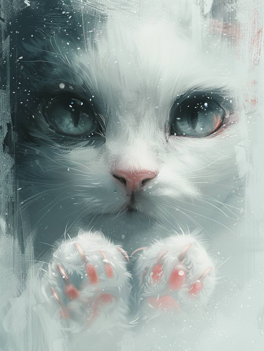 Through frosted glass, I saw a cute cat face with a hazy texture. It had watery eyes and two pink claws protruding from below. The background was simple, and it had a cartoon style. The design featured white and gray, adopting a minimalist approach. The close-up image focused on only one claw, with a blurry effect to increase depth - ar 3:4 -stylize 250 - v 6.0