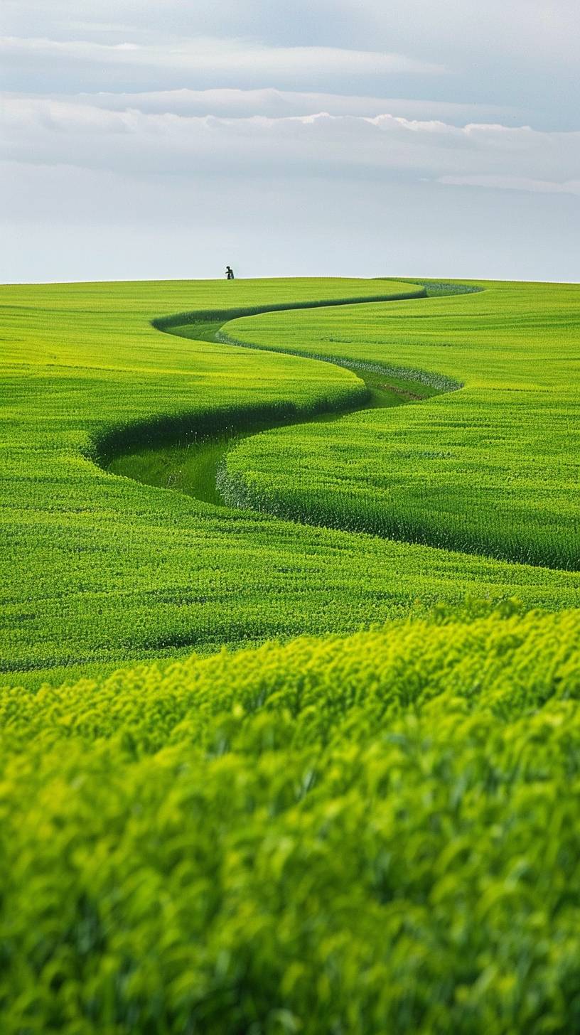 The vast and curved green rapeseed field, endless sky, clear sky, with a Chinese farmer working in the distance, shot with a long lens, telephoto lens, 8K, high quality, high detail.