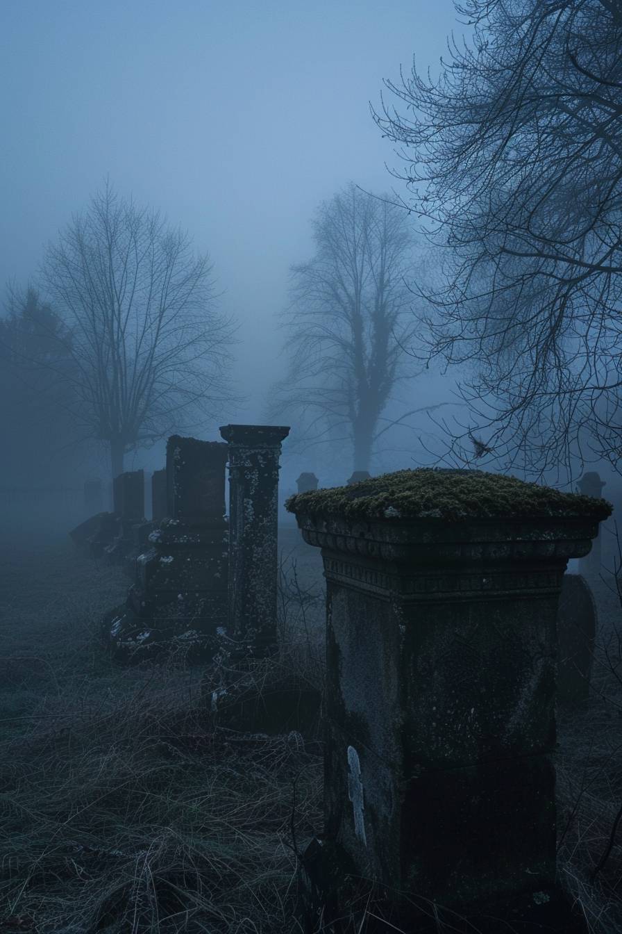 In the style of Akos Major, a haunted graveyard on a foggy night