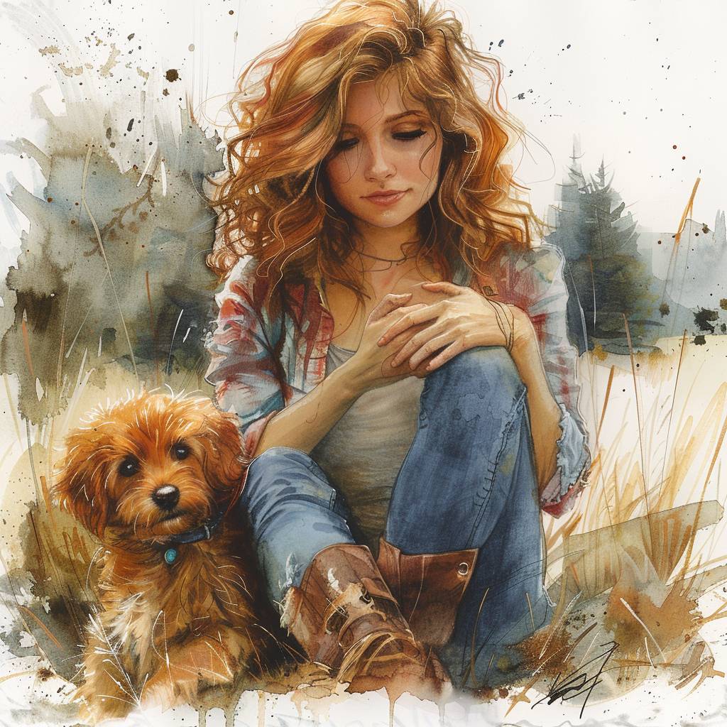 A soft watercolor and charcoal sketch illustration of a girl with curly and frizzy red messy hair, holding her puppy. She is sitting down comfortably, wearing a blouse, blue jeans, and boots. The background includes trees, grass, and a natural outdoor scene. Make the scene more colorful, with vibrant hues and rich details, while maintaining the textured, gritty feel.