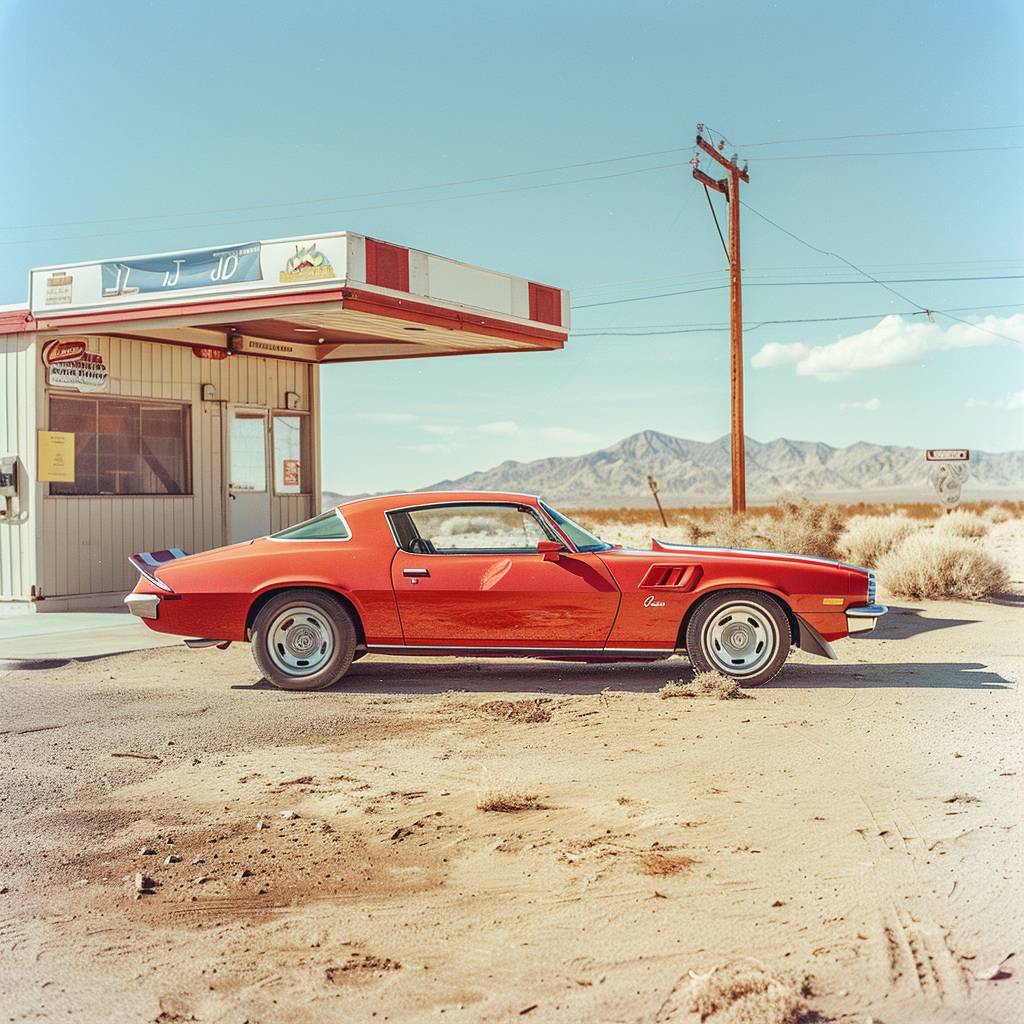 Side view of a retro red Camaro parked outside a desert gas station | Vintage Kodak shot | Dusty environment