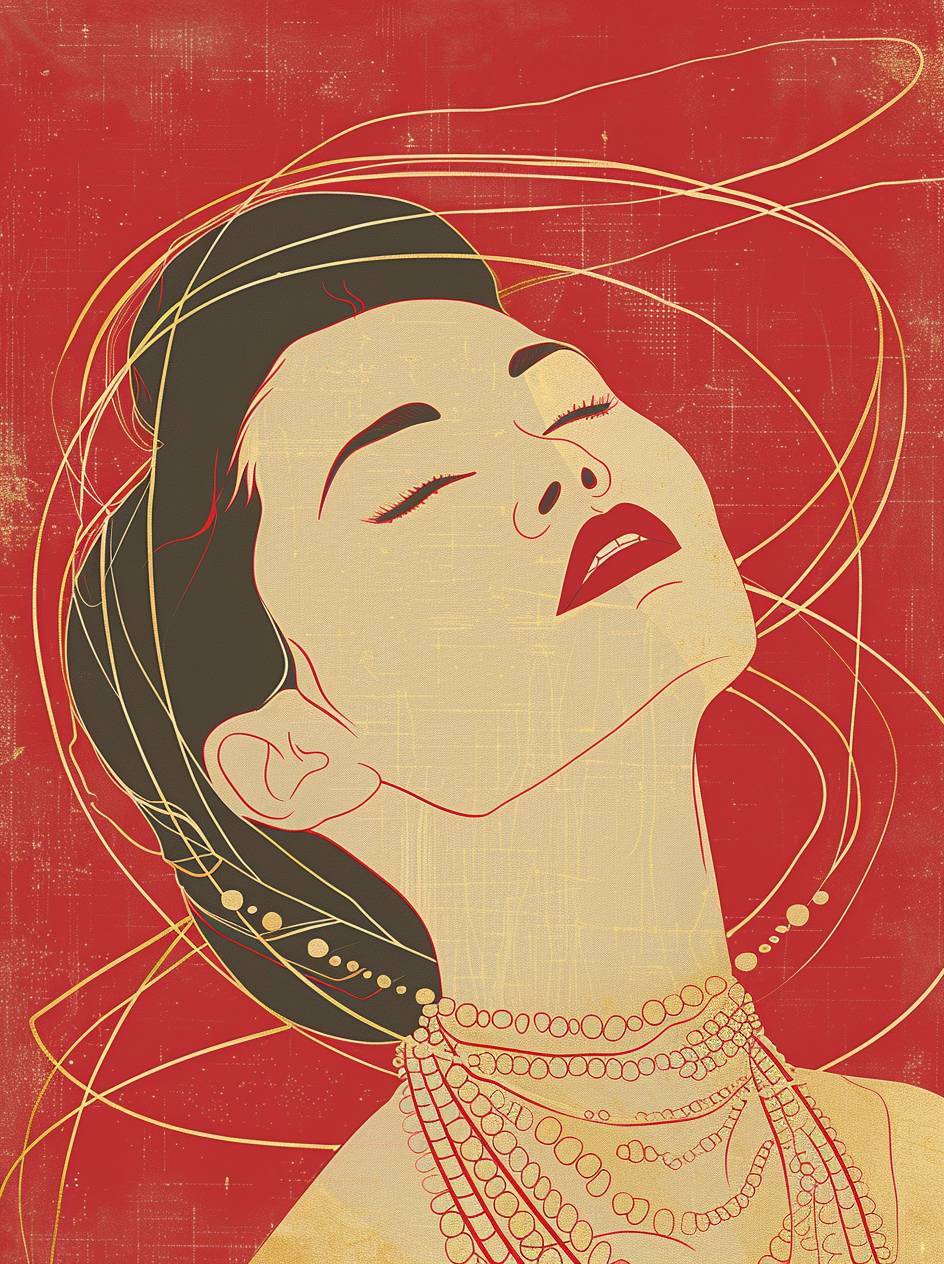 A portrait of a beautiful Asian woman in a modernist, minimalist style. Jillian Tamaki style. The woman is accented with many golden lines and exceptionally beautiful, adorned with pearls and jewels. Her eyes are closed, and she tilts her head back, showcasing her elegant neck. Her silhouette is outlined with golden lines, and her neck is wrapped in several loops of pearl necklaces, creating a sense of both opulence and restraint. Her expression shows a hint of suffocation, yet she gently touches the necklace with one hand, as if savoring the conflicting sensations. The background is a vibrant red, highlighting her regal and unique presence. Evokes a feeling of breathlessness.