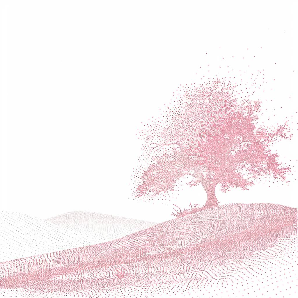 A vector illustration on a blank canvas, using pink and white phosphor dots of varying sizes, forming a tree of life, rolling hills, negative space