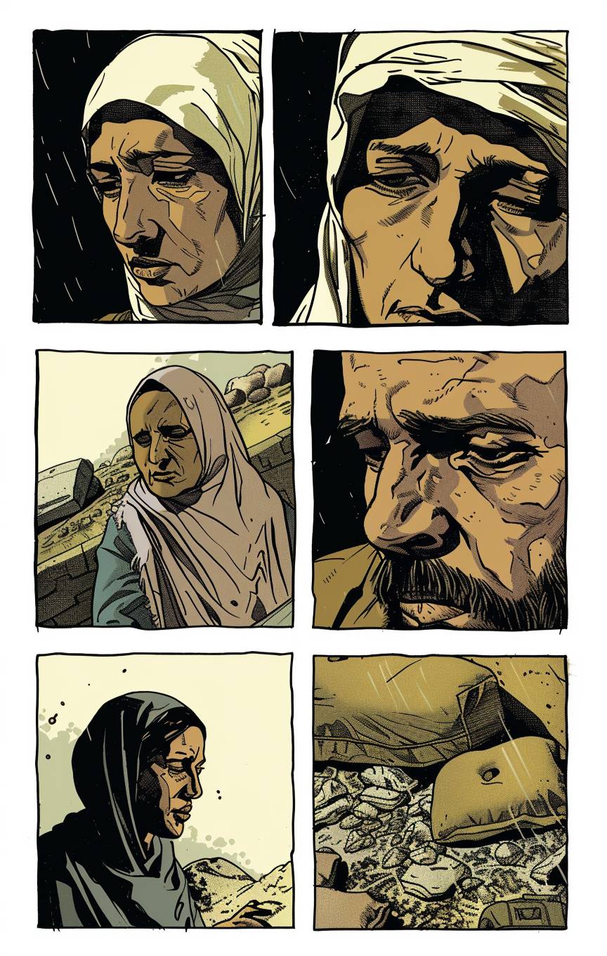 コミックブックの1ページに5つのパネルがあり、ムスリムの男性と女性がクローズアップされている。1984年、無人島の海岸、ノーマン・ロックウェルとヴィク・ムニスのスタイル、自然光、手描き、シーンの進行、ストーリーの展開、ダイナミックな動き、きれいな線、シンプルな色彩、一貫したキャラクター。