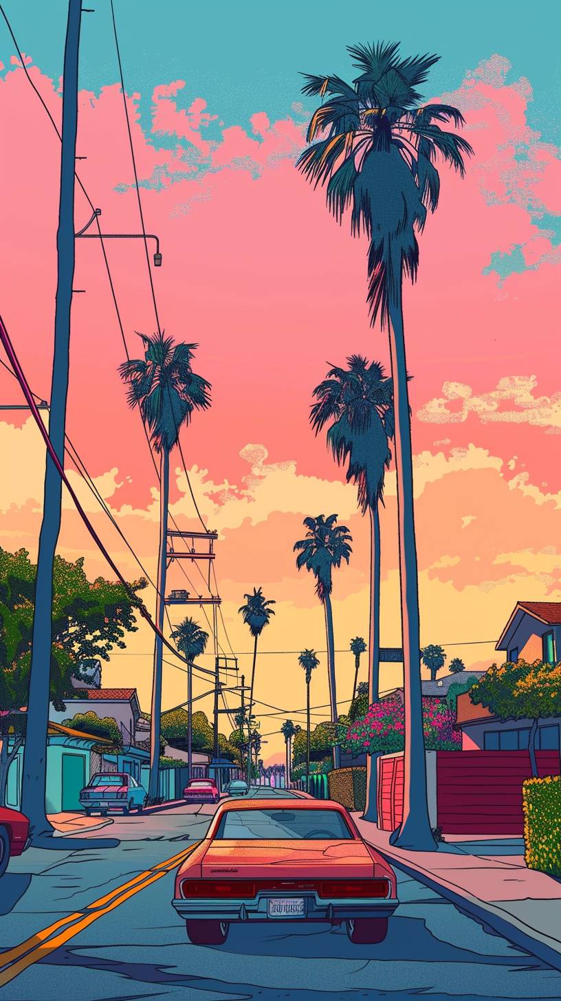 Beverly Hills, street, summer, no cars, no humans, 70s style, comic style
