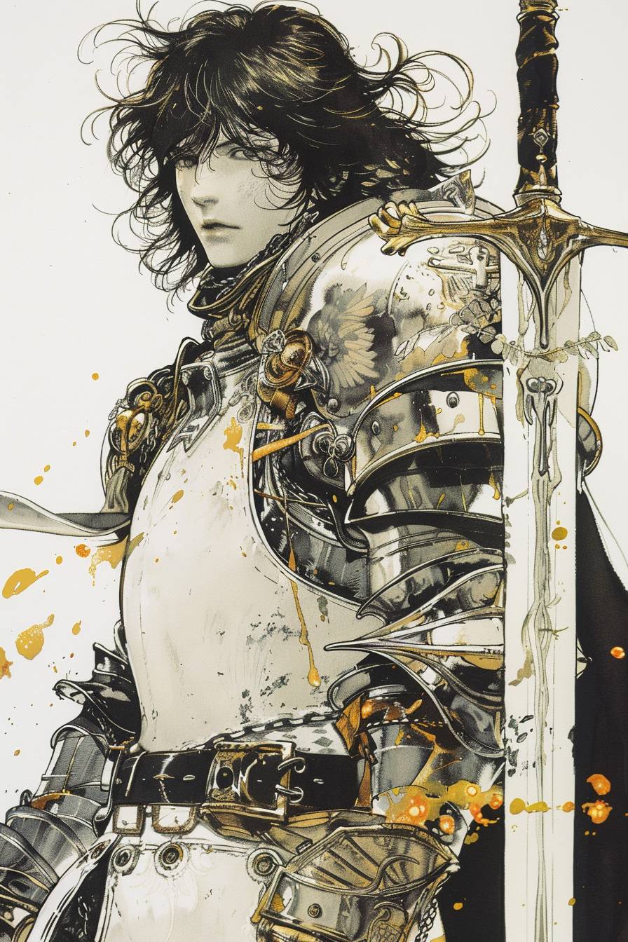 中世の戦士、天野喜孝、白い背景、ディー・ブリュッケ、白と琥珀色