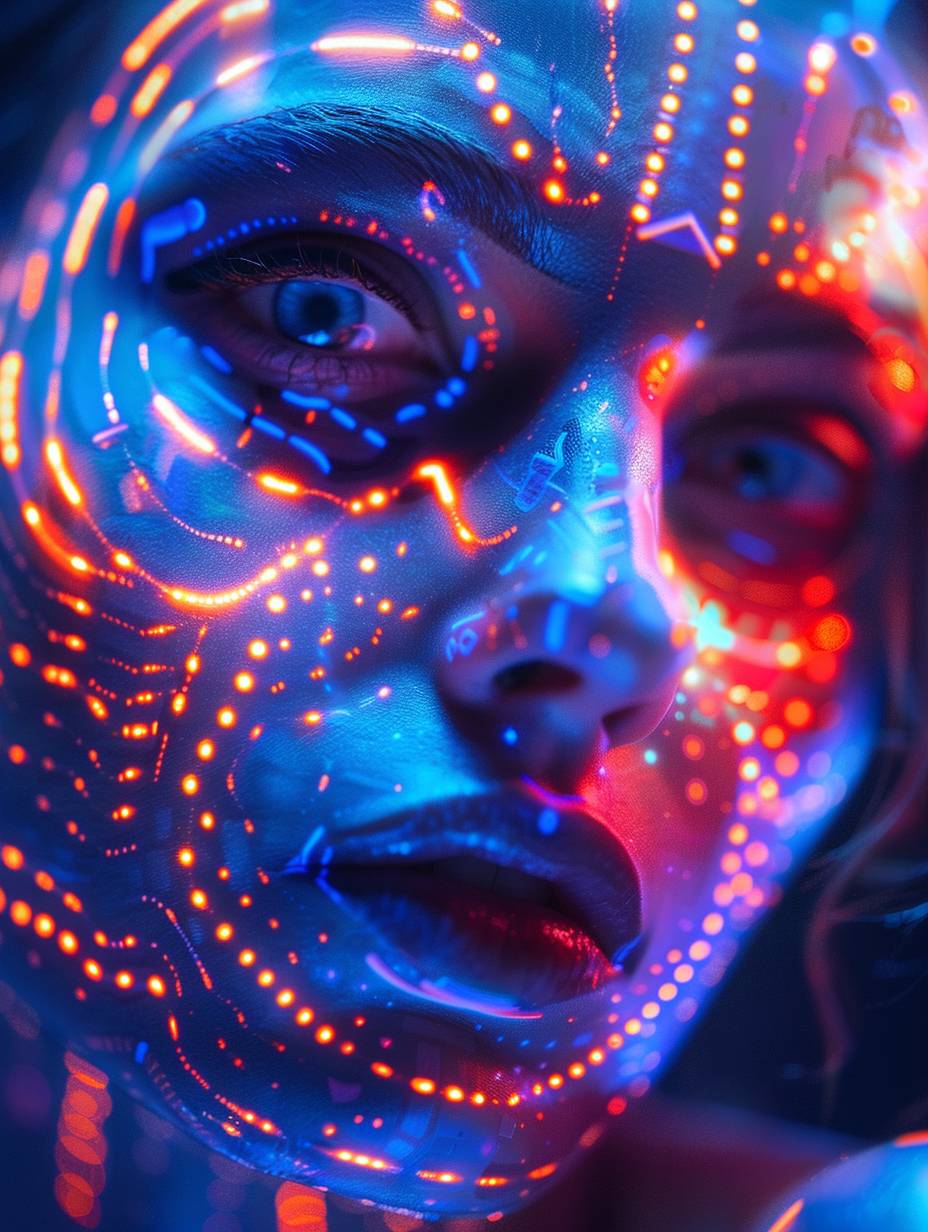 A beautiful woman’s face is adorned with an artistic pattern of neon lights on her skin. These lights create colorful designs, contours, and shadows on her cheeks. The technique of focus stacking adds depth to the image, enhancing the futuristic surrealism. The overall color scheme is a mix of gray and dark blue.