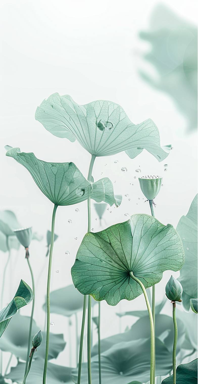 In the center of the picture is a lotus leaf, with several slender green leaves on both sides. The background color has a light white and gray gradient effect. It's very ethereal, with soft tones, and the lotus flower pattern forms a light green hue. High definition photography style, delicate details. White space at the top left corner. Soft lighting creates an atmosphere of tranquility and elegance in the style of Tobacco ID.