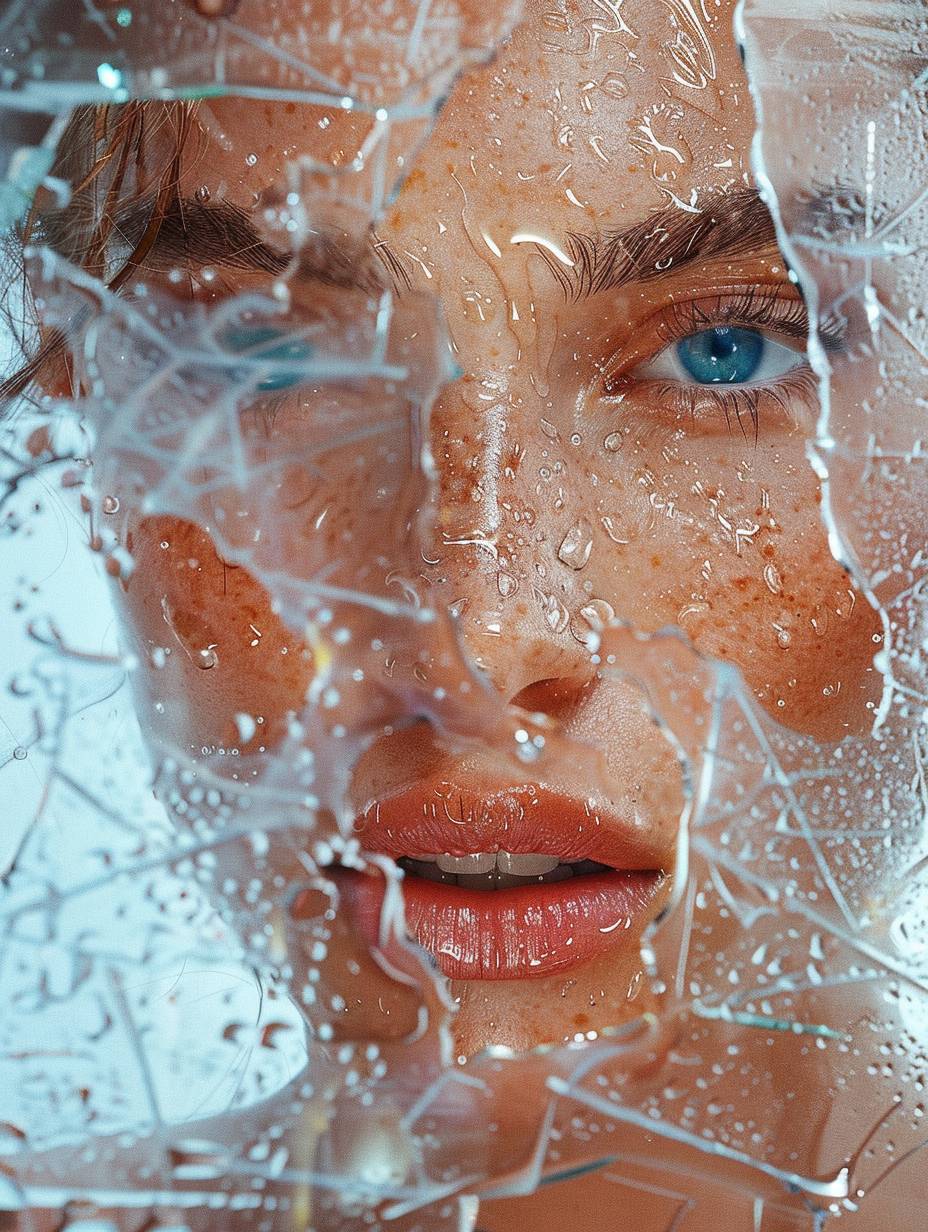 A full body portrait of an extremely beautiful woman. She has blue eyes, wet skin from water droplets, and a white background. There is a large amount of crystal-clear glass in front, reflecting light and creating delicate patterns on her skin. The image showcases detailed facial features such as lips, nose, eyebrows, eyelashes, and hair with a wavy texture.
