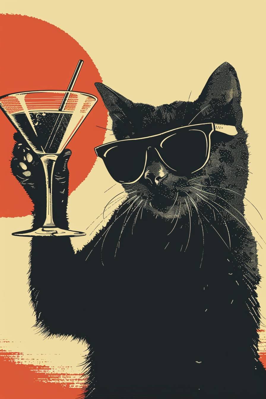 a black cat with sunglasses drinking from a martini glass, in the style of minimalist graphic designer, mallgoth, twisted characters, atomic mid century background, art.