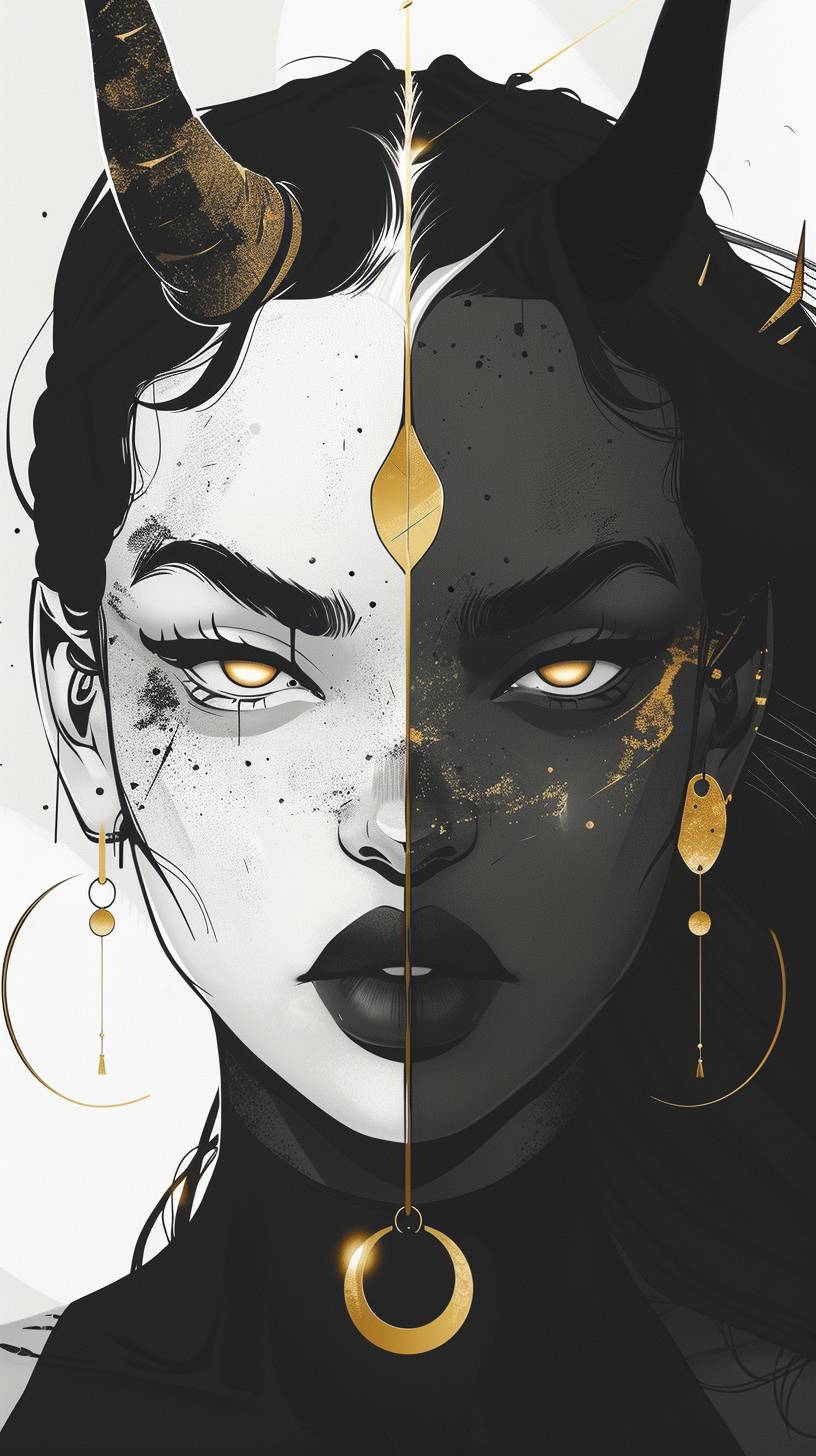 A digital illustration of an anime character with two faces, one side depicting the face in black and white with horns, while the other features golden earrings and expressive eyes. The minimalistic background focuses on the contrast between light skin tones and dark facial details.