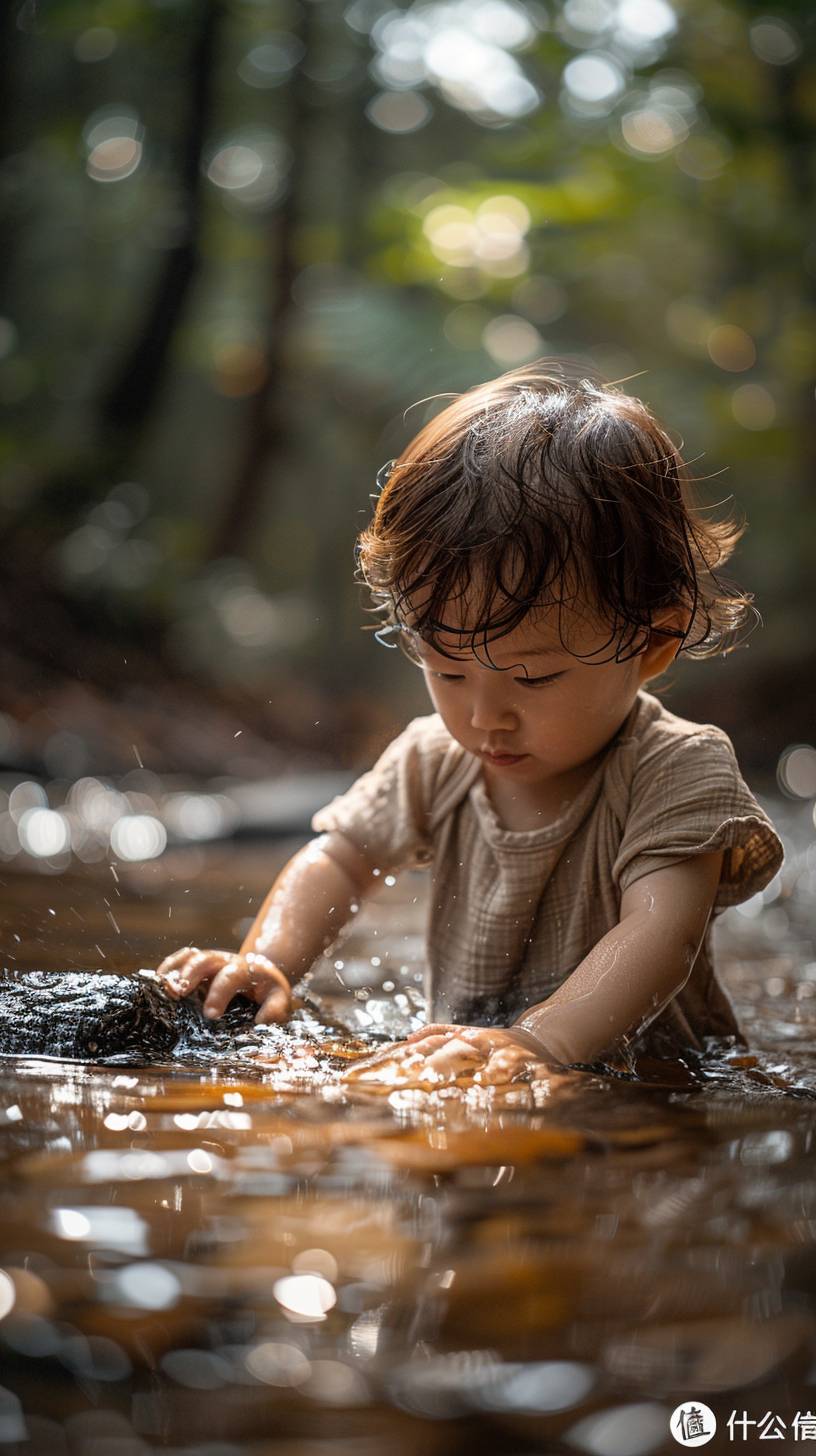 A cute Asian baby playing in a stream wearing a T-shirt and shorts