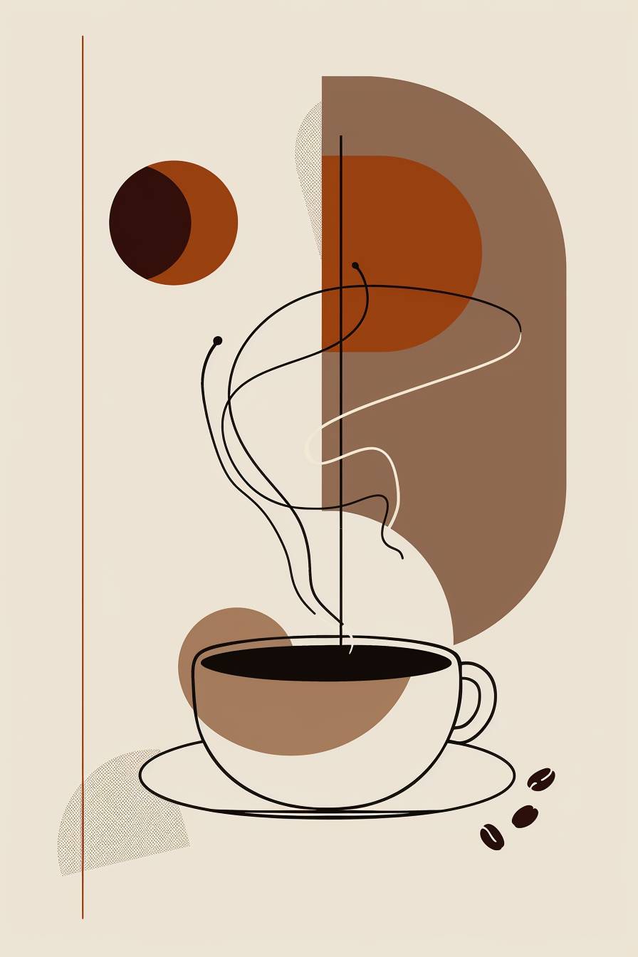 A line art poster for International Coffee Day, featuring a coffee cup, coffee beans, and steam, precise lines, geometric shapes, minimalist design. Balanced composition with modern stylish aesthetic, clean background with subtle brown and cream colors. Created Using: vector art techniques, Inkscape, Bauhaus influence, minimalist movement, thin line weights, hd quality, natural look