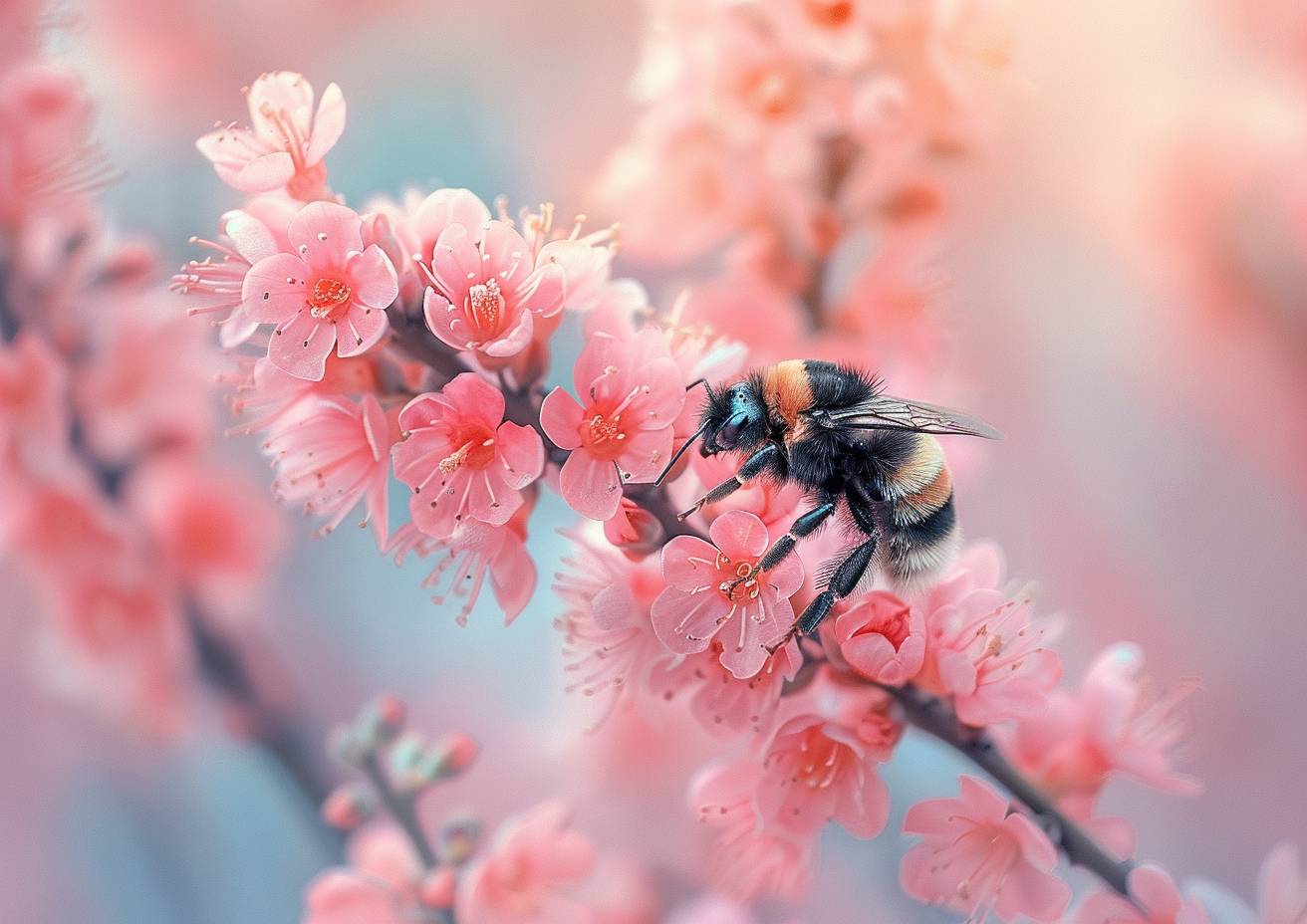 Macro photography of a bumblebee, bright pink flowers, minimalism, high resolution, strong visual flow