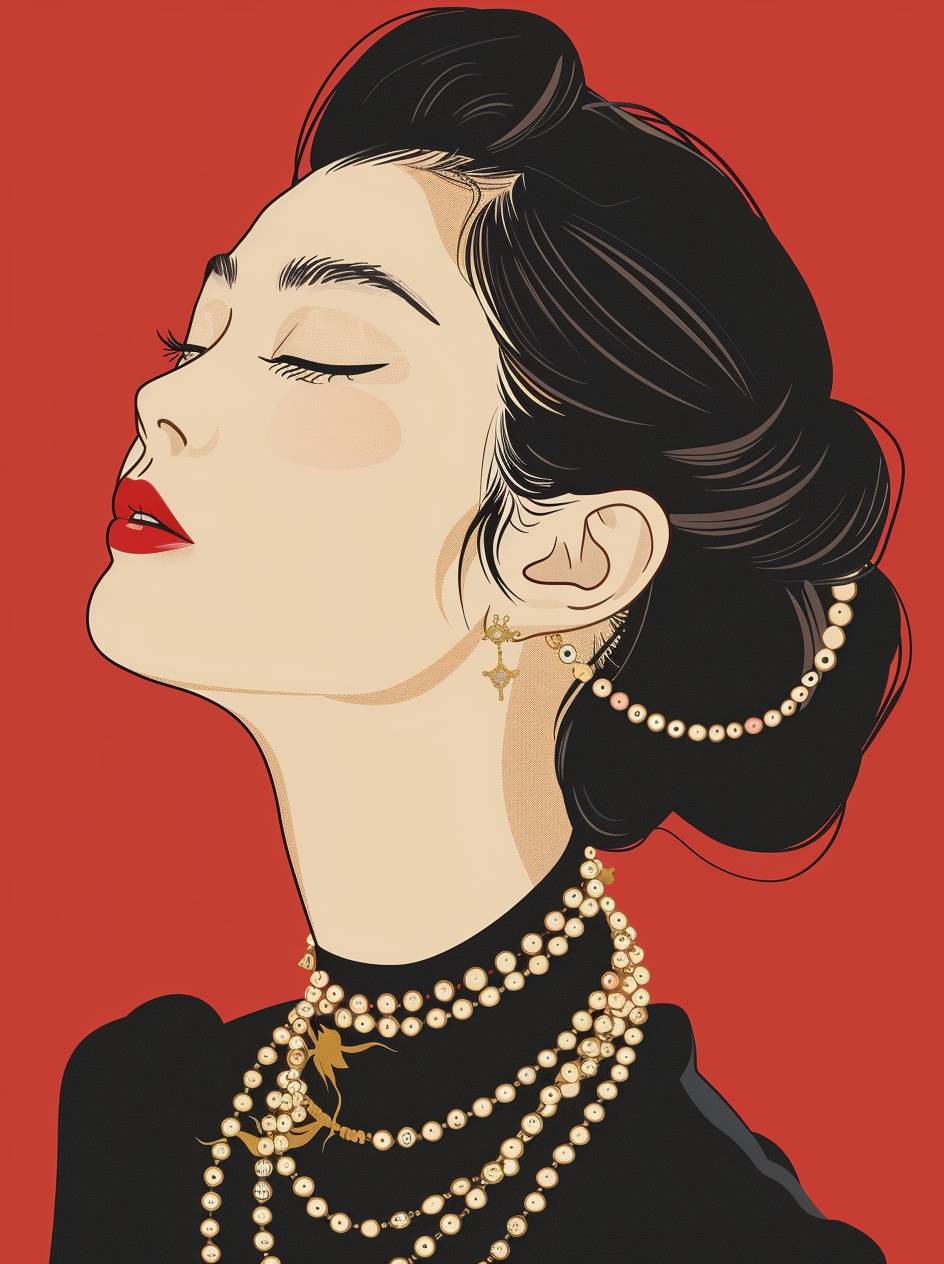 現代的でミニマリストのスタイルで美しいアジア人女性の肖像画。Jillian Tamakiのスタイル。女性は多くのゴールドラインで装飾され、非常に美しく、真珠や宝石で飾られています。彼女の目は閉じられ、頭を後ろに傾けており、優雅な首を見せています。彼女のシルエットはゴールドのラインで描かれ、首には数重のパールネックレスが巻かれており、贅沢さと抑制感を生み出しています。彼女の表情は窒息のニュアンスを示していますが、一方の手で軽くネックレスに触れており、相反する感覚を楽しんでいるかのようです。背景は鮮やかな赤色で、彼女の王室らしい独特な存在感を際立たせています。息苦しさを感じさせます。