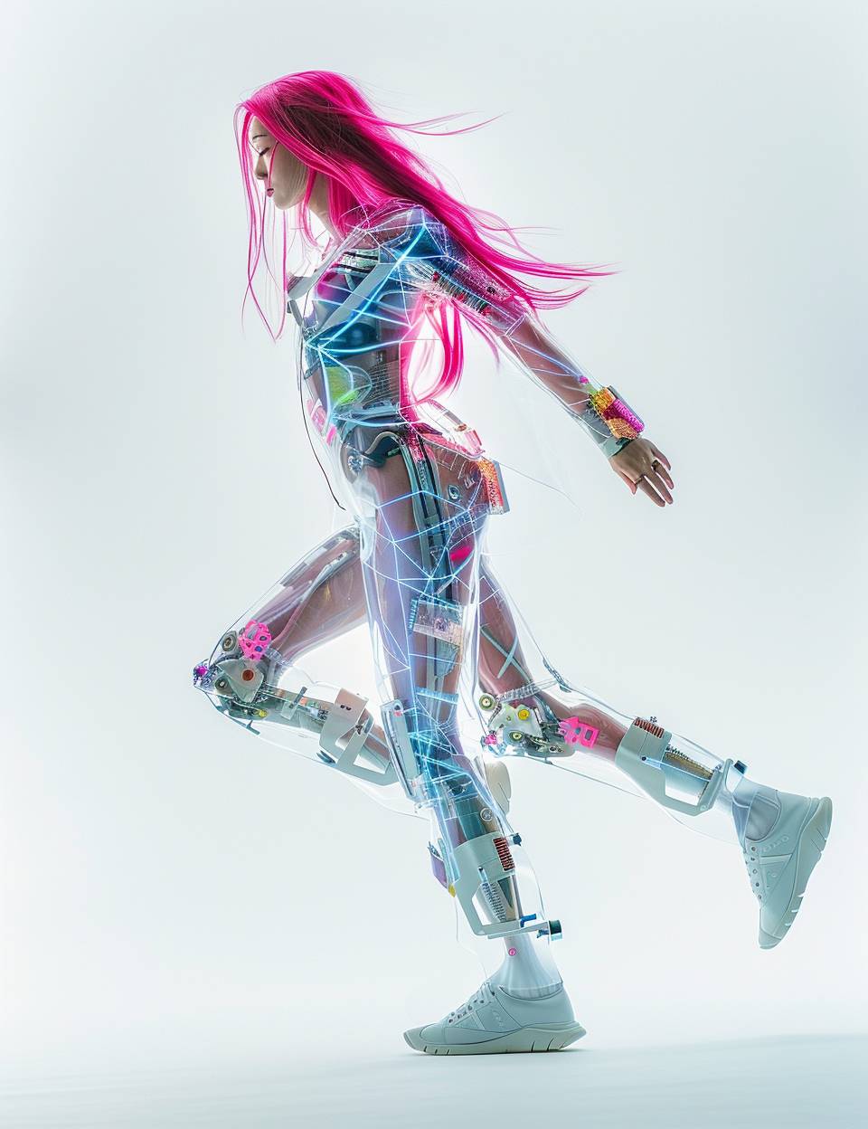 Futuristic Fashionista, Full Body Portrait, Taken with Sony Alpha 1, In a highly detailed photo, a stunning young woman with hot pink hair showcases a translucent tight bodysuit with intricate Retro Futurist Dadaism geometric patterns. The sharpness of the image highlights the intricate details and translucent surfaces of her outfit. Her dynamic pose and the futuristic patterns make her look like a vision from a sci-fi utopia.