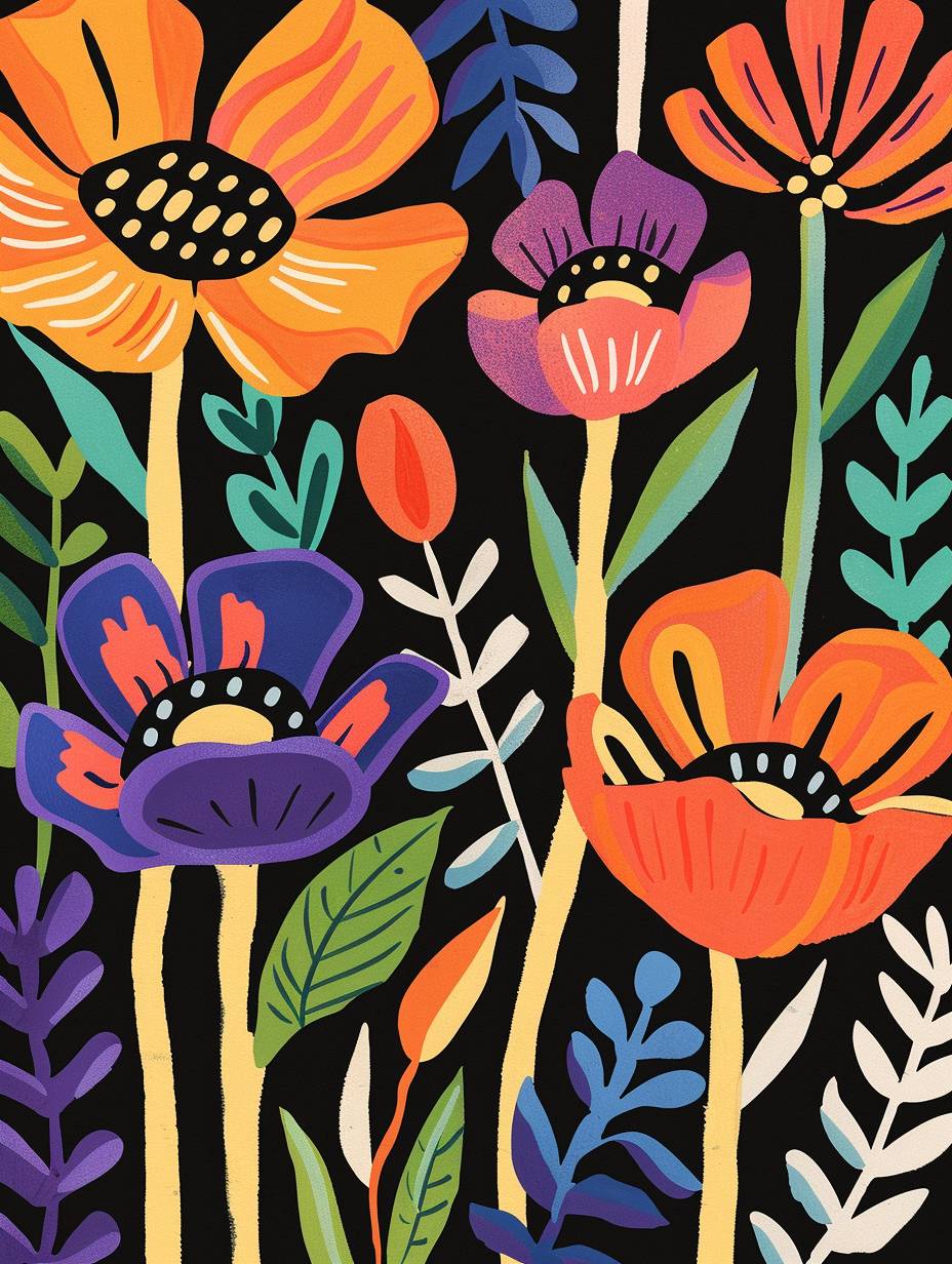 Matisse cutout poppies in the style of m directed in the style of Garry mccoy, folk art-inspired line art illustrations, folk illustration, handdrawn elements, flat color blocks, gouache and ink painting, colorful woodblock print, black background, orange pink purple blue green yellow