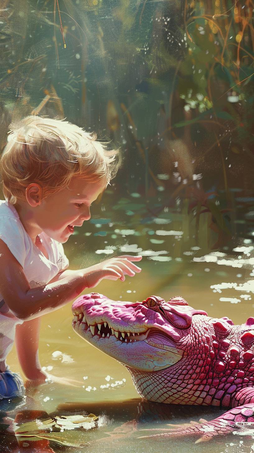 ピンクのワニで遊ぶ小さな子供。リアルな絵。
