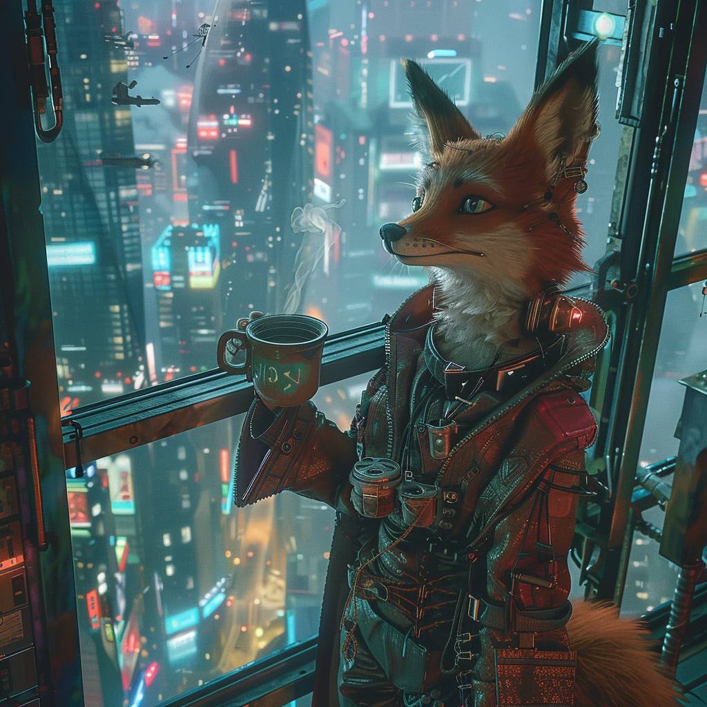 A cyberpunk Fox dressed as a witch standing near the window of a skyscraper that's overlooking a busy tech city. In one hand the fox holds up a mug of coffee to take a sip. She turns towards the camera and gives a sly blink as she prepares to fly.