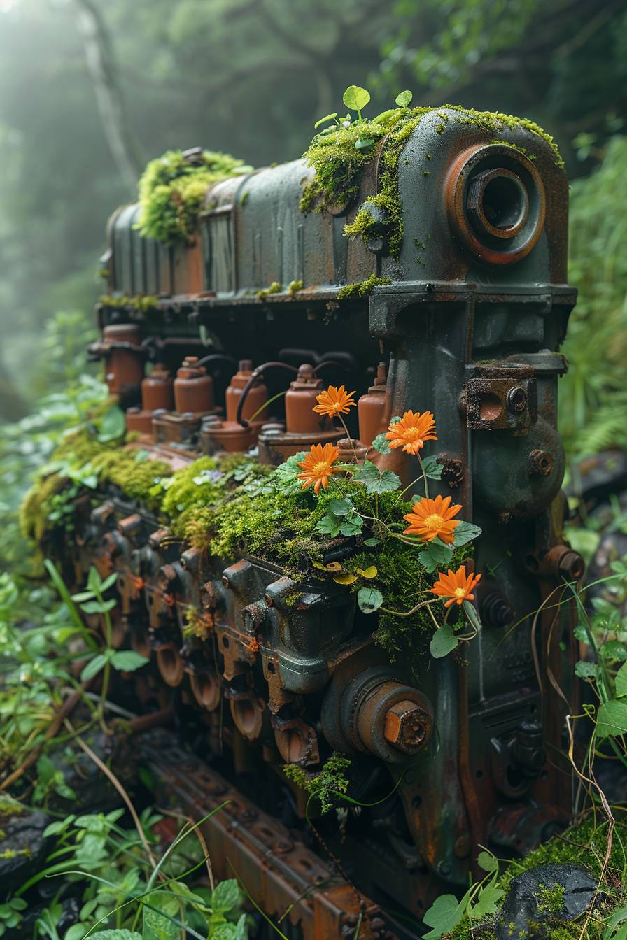 Shiny engine made of aluminum. Engine is filled with moss and flowers, grass sprouting.