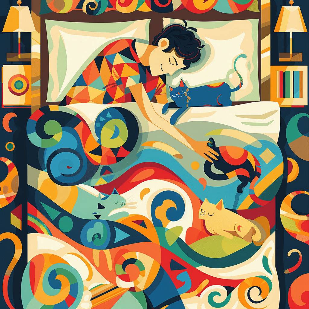 2D flat design illustration, top down view of a beautiful bedroom with 3 cats and a man sleeping. The cats are brightly colored with distinctive swirly patterns.