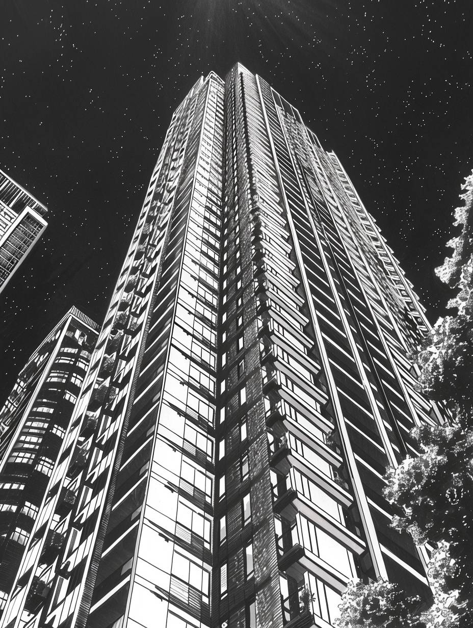 Wide shot of a tall condo in the skyline. The highest floor has a special deluxe design exterior layout. The setting is midnight. Monochrome manga art style with G-pen texture.
