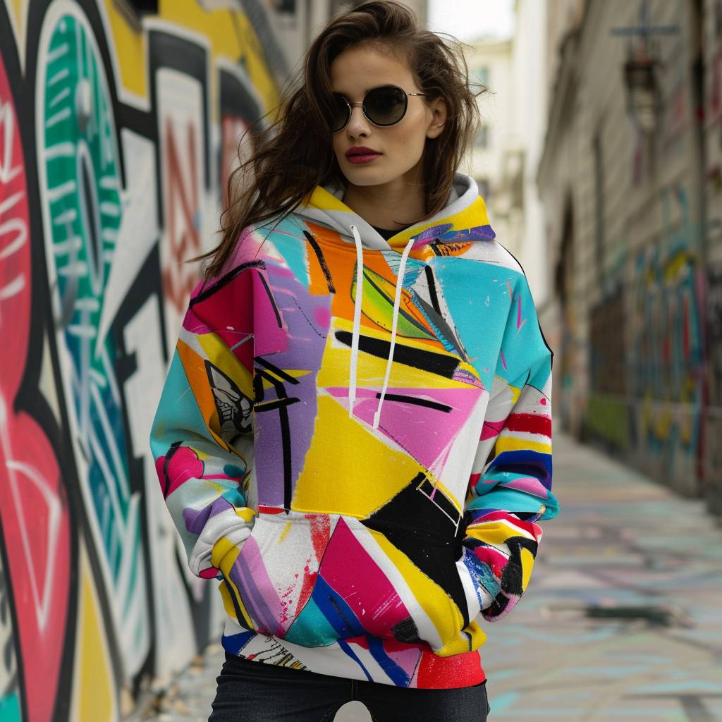 A young and stunning woman with vibrant, abstract expressionist pop art hoodie, featuring bold colors and geometric shapes inspired by the pop art movement.